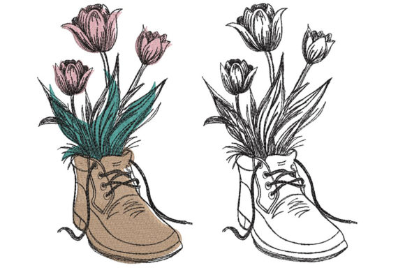 Boots and Flowers Minimal: A Charming Embroidery Design